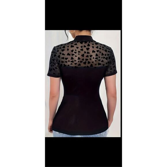 Black print, elegant, mash, splicing, mock turtleneck, short sleeve top - Picture 6 of 10